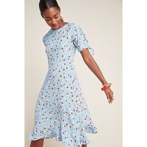 Faithfull the Brand Anthropologie Blue Emilia Floral Flounced Midi Dress Sz 4